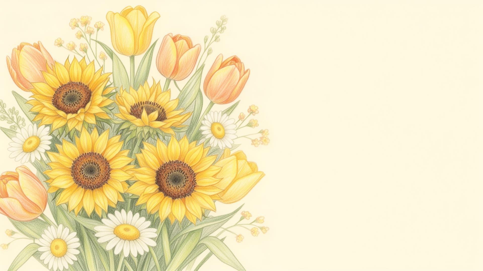 Buquê ilustrado com girassóis, tulipas e margaridas